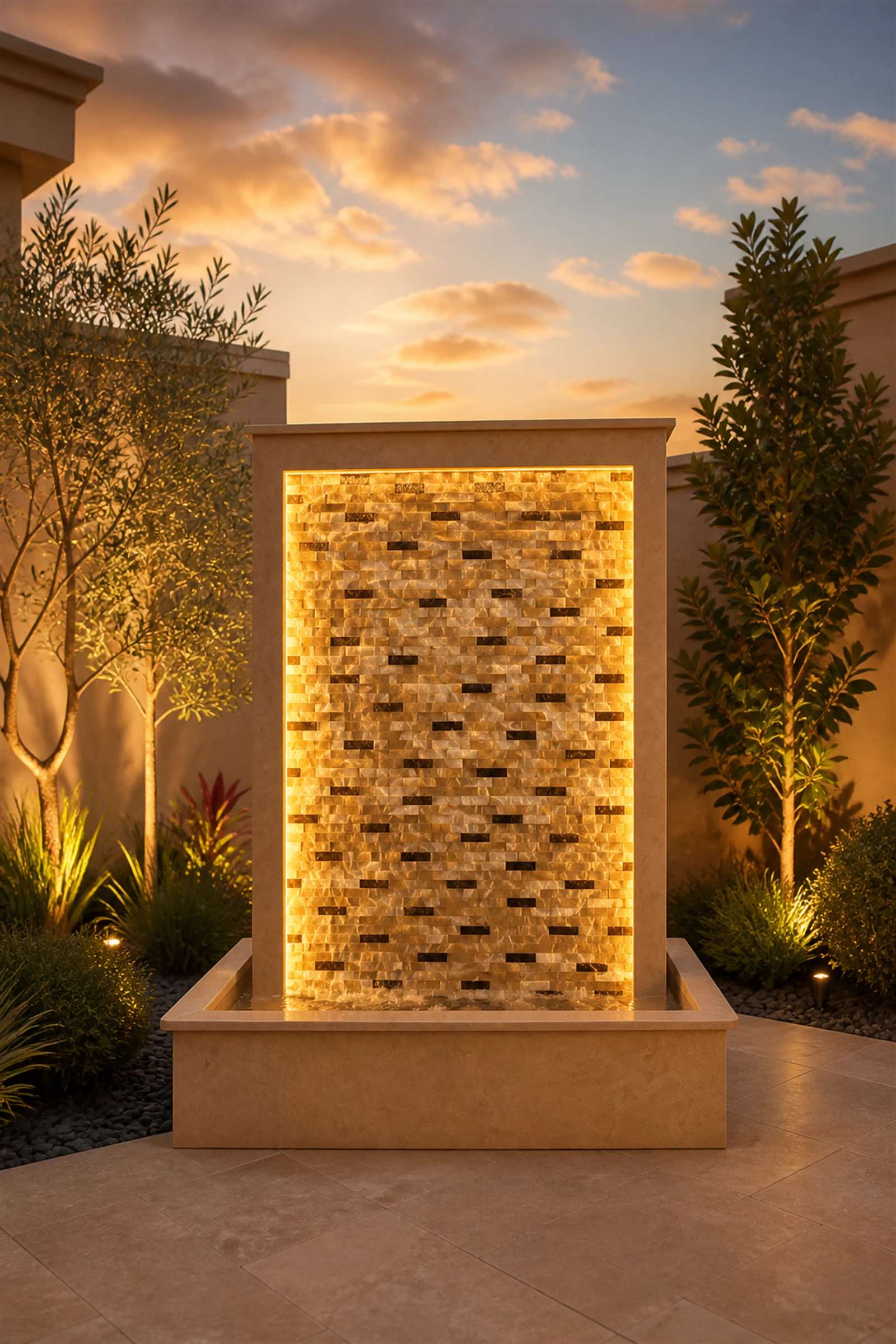Amber Mosaic Stone Wall Fountain — installed setting