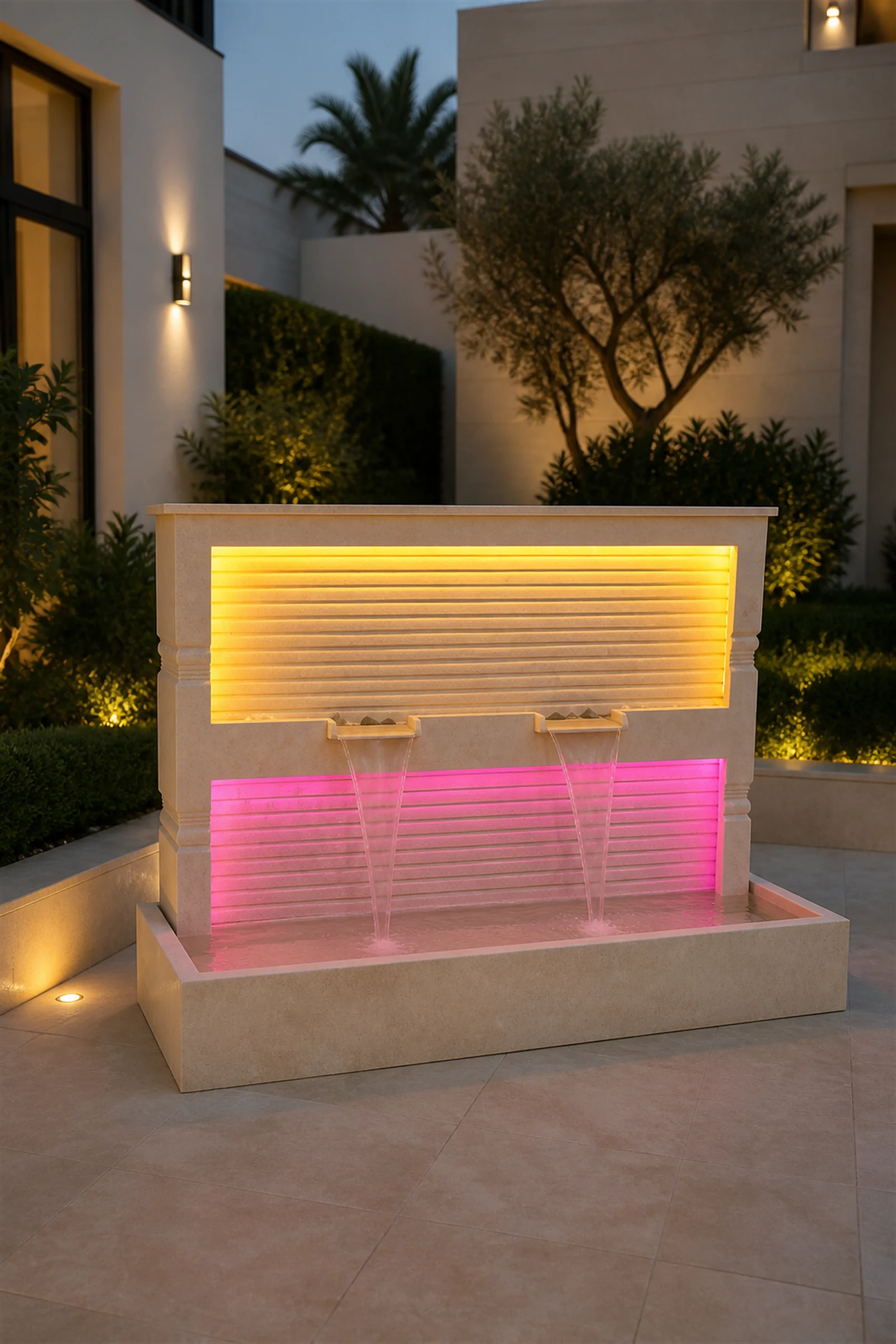 Dual-Glow Stone Wall Fountain — installed setting