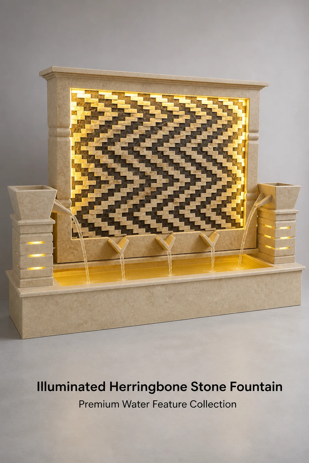 Illuminated Herringbone Stone Fountain