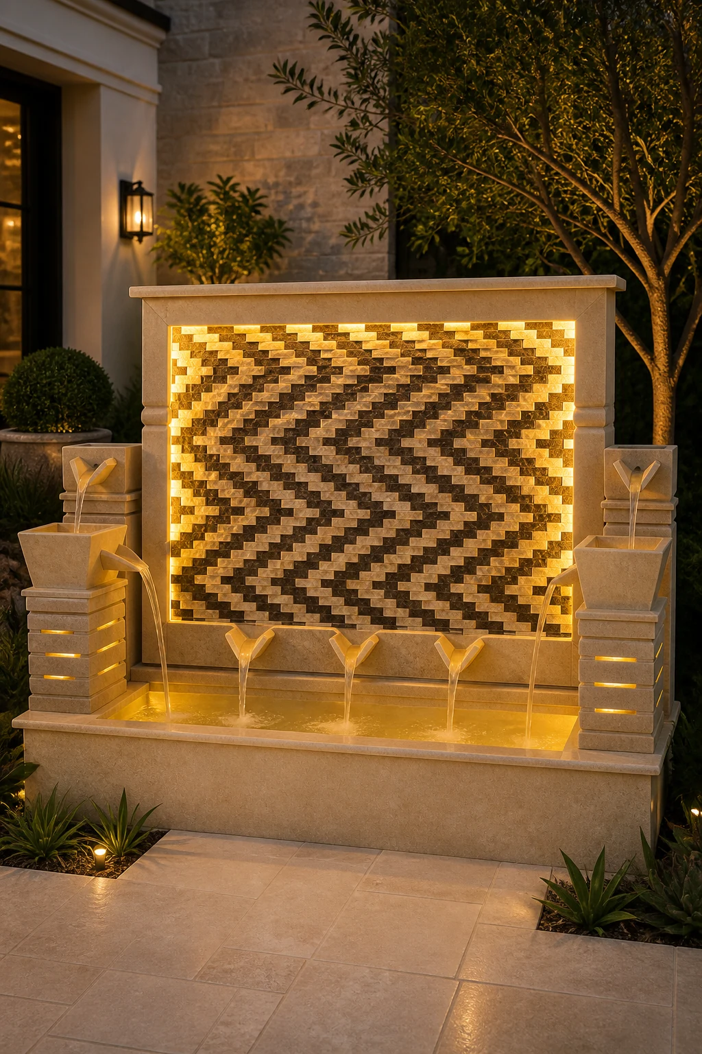 Illuminated Herringbone Stone Fountain — installed setting