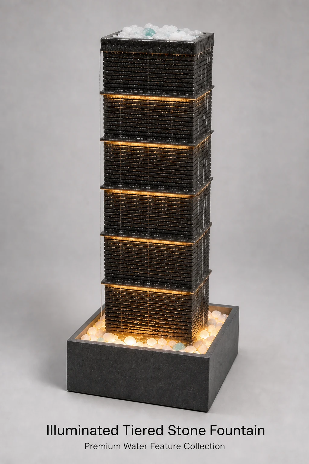 Illuminated Tiered Stone Fountain