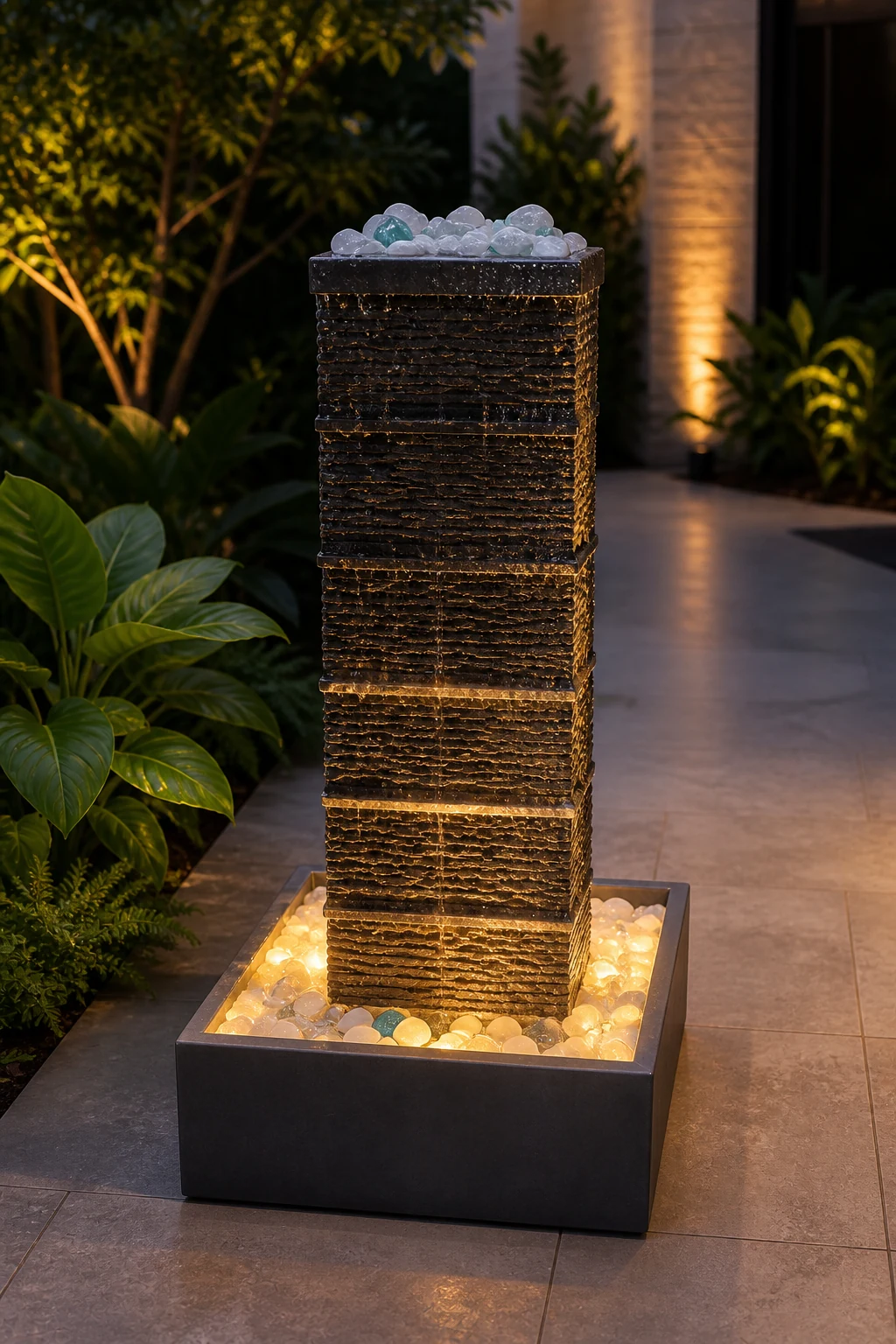 Illuminated Tiered Stone Fountain — installed setting