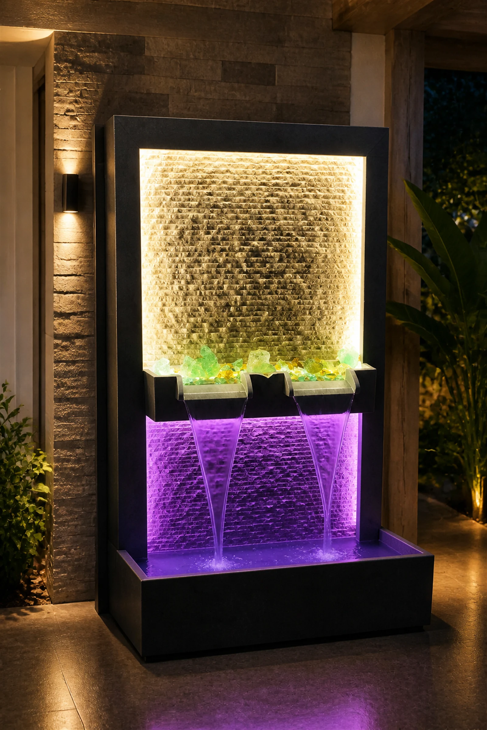 Illuminated Twin Panel Stone Fountain — installed setting