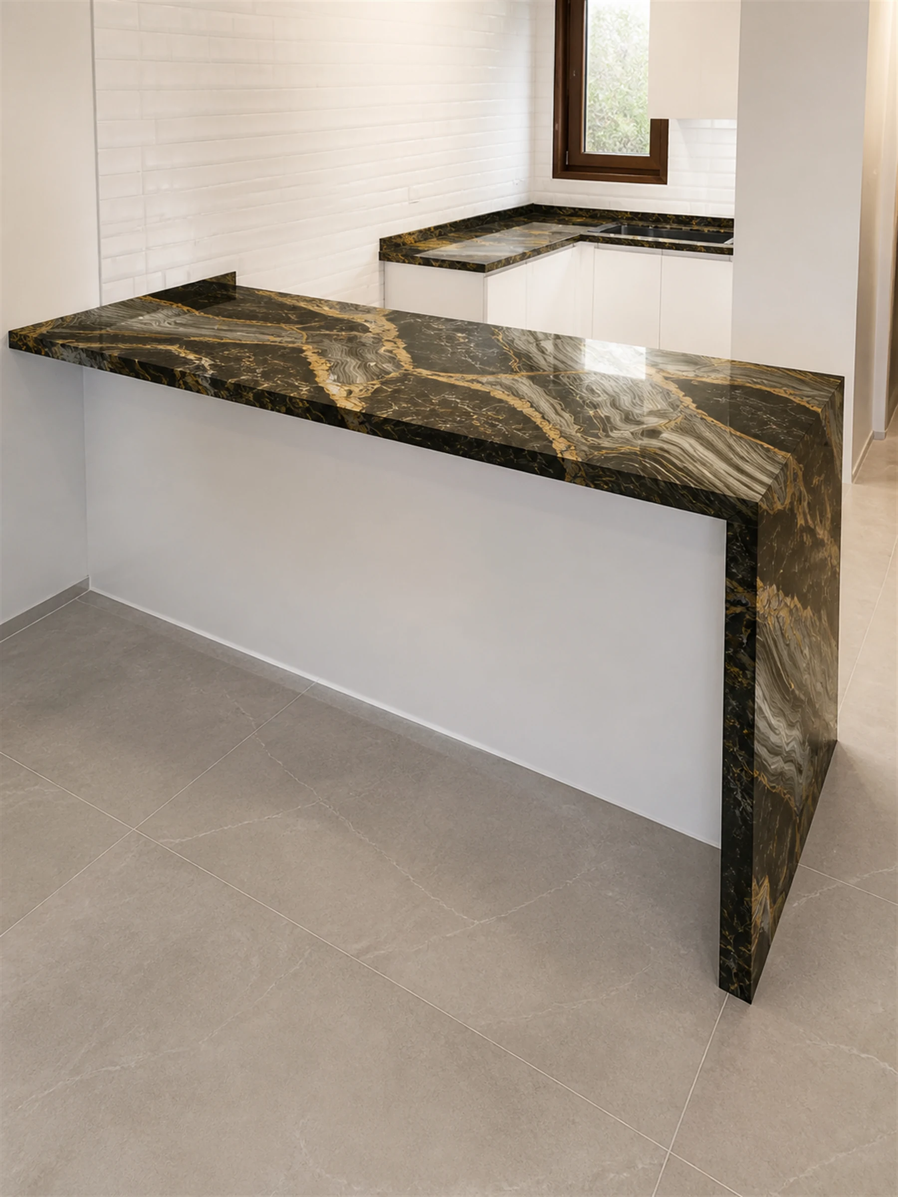 Karnak Black Gold Porcelain Tile — installed interior surface