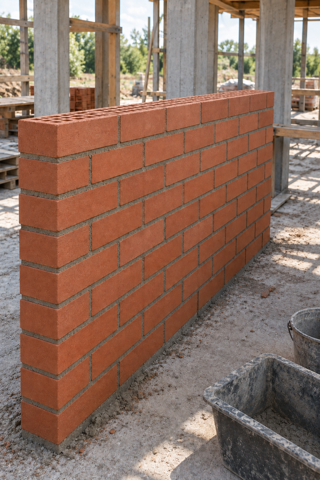 Terracotta perforated facing bricks in use, with cavities visible only on the top bed faces