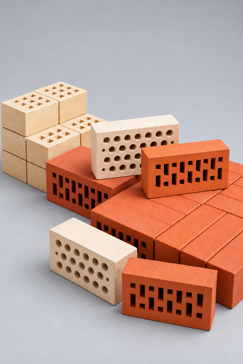 Cream and terracotta facing bricks with square, round and rectangular perforations — studio product photo