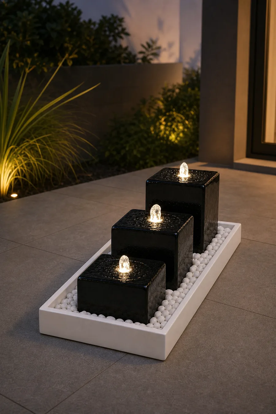 Three Illuminated Cube Fountains — in real life