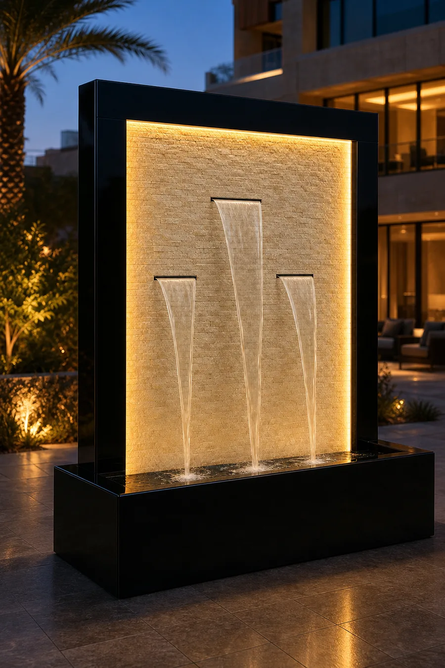 Illuminated Three-Cascade Fountain — in real life