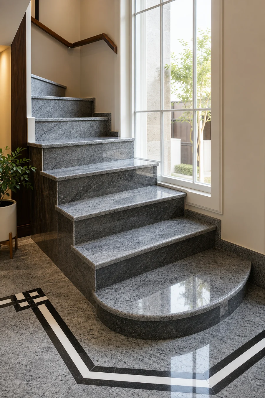 Polished granite steps installed in a bright interior