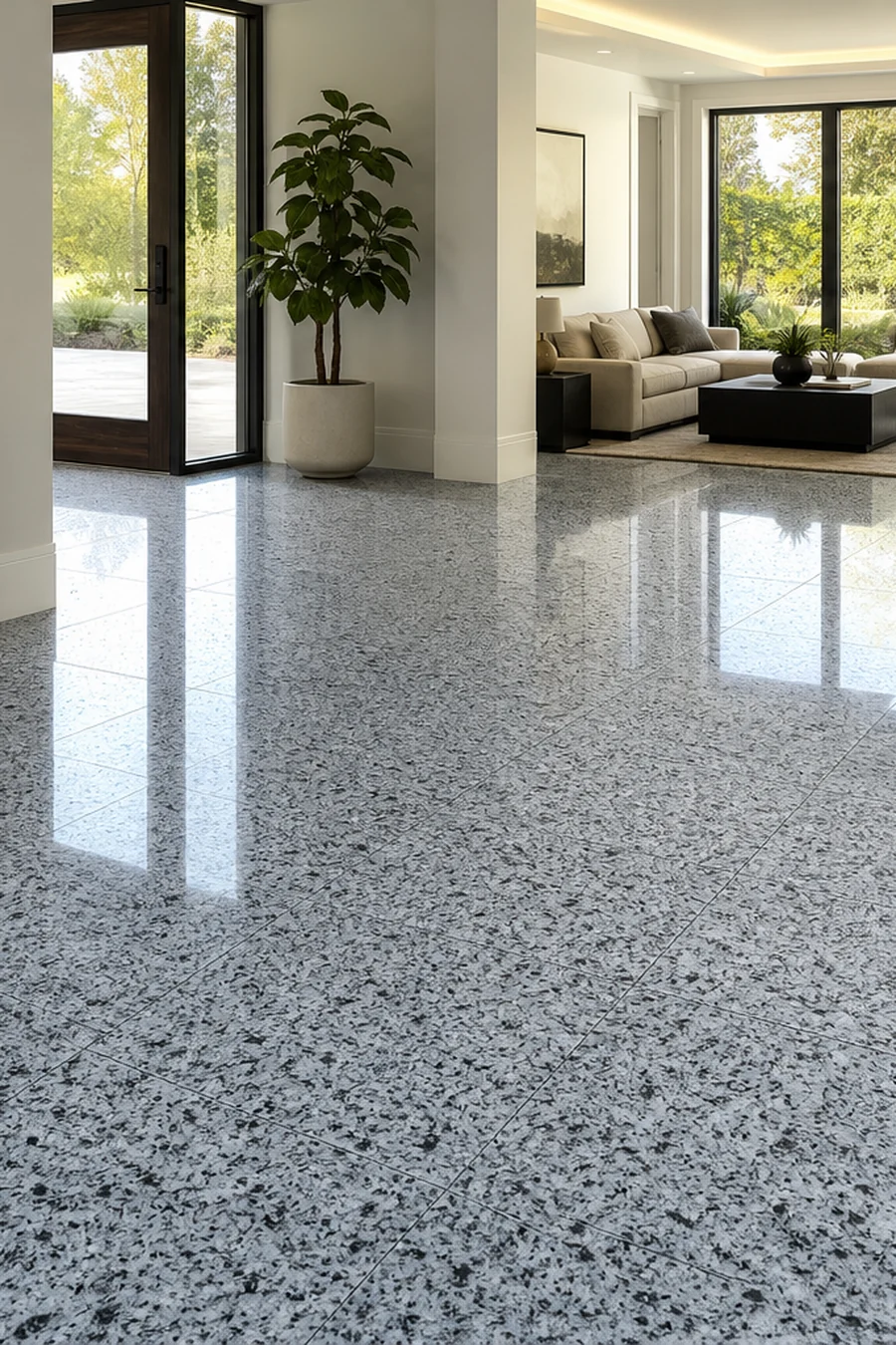 Blue-grey granite floor tiles installed in a modern interior