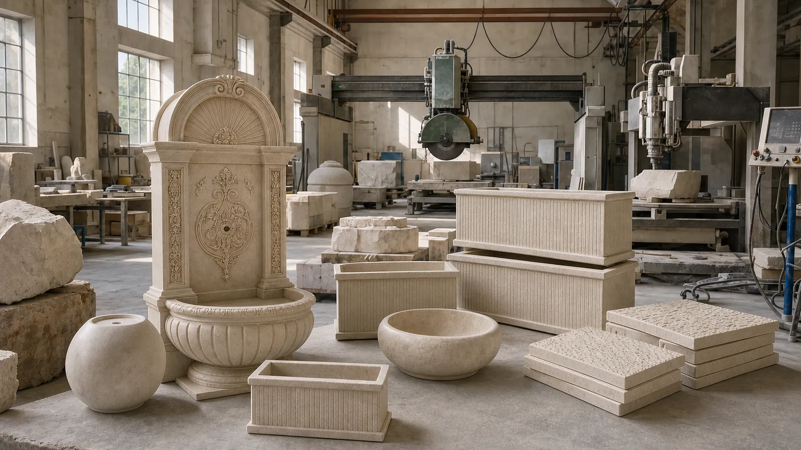 Stone workshop: a carved wall fountain, planters, a stone sphere and a bowl