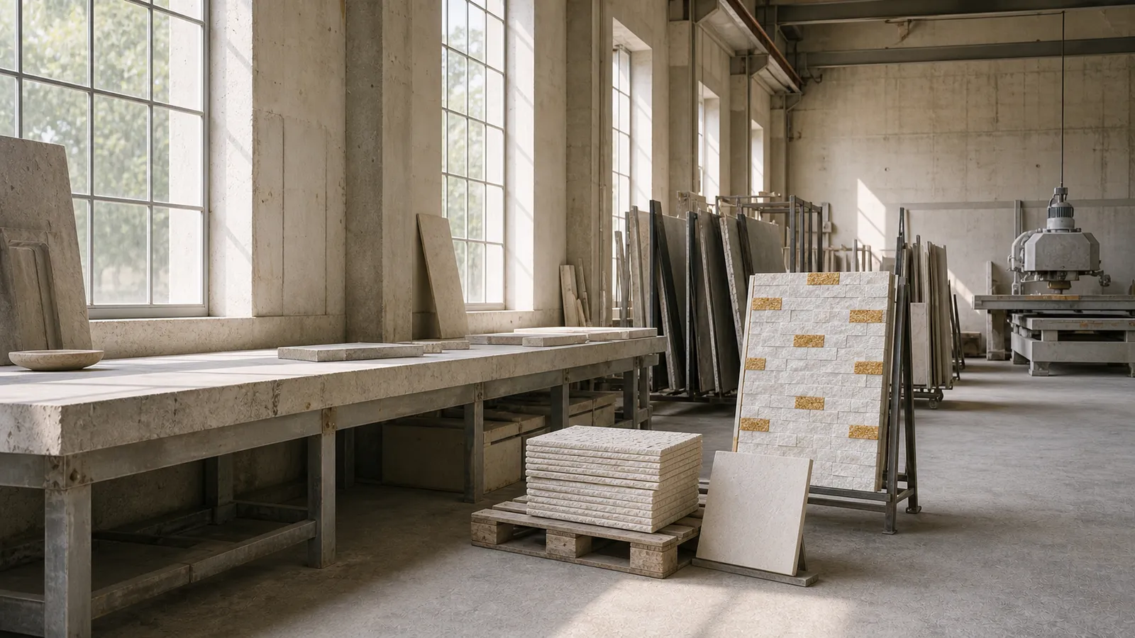 Cladding area: stacks of textured tiles and a mosaic panel on a rack