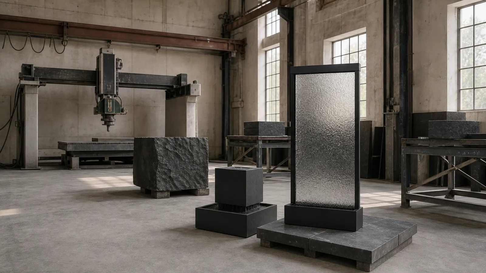 Dark stone: a split basalt block, a cube fountain and a water wall