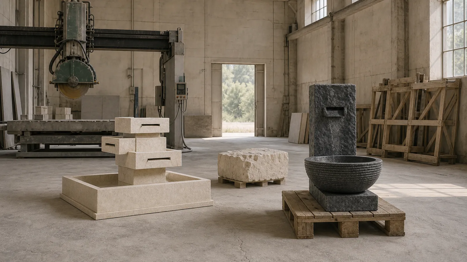Assembly area: a light cascade fountain and a dark bowl on a pedestal